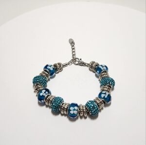 Charming Friends Charm Bracelet Blue Silvertone Murano Style Glass Pave Beads